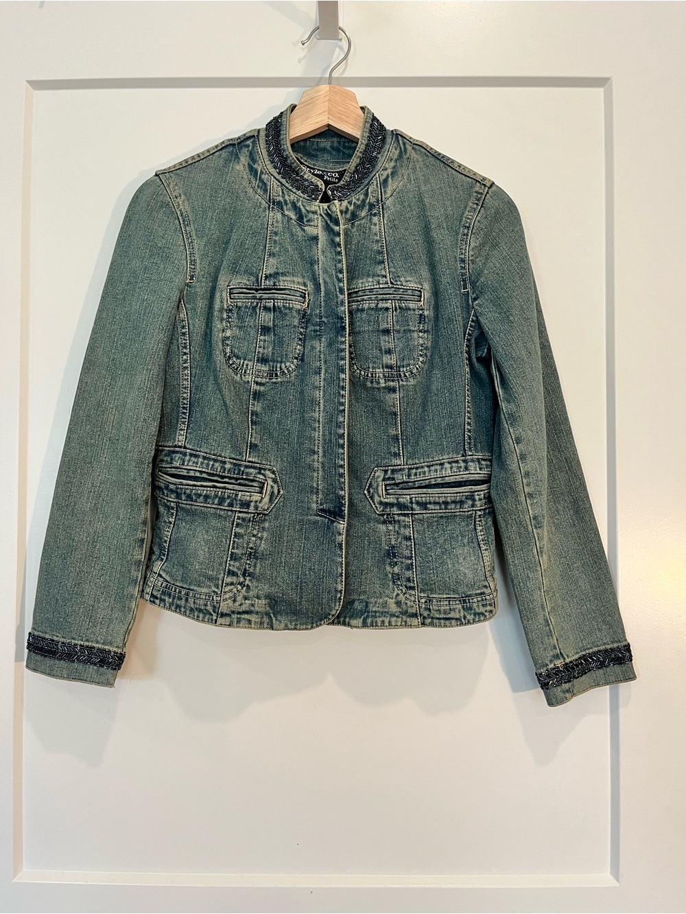 Y2K 90s Denim Beaded fitted Boho Western Cowgirl Military Jacket Sz S